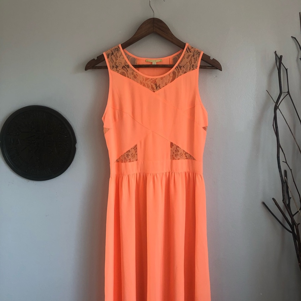 NWT bright maxi peekaboo lace dress fitted S coral